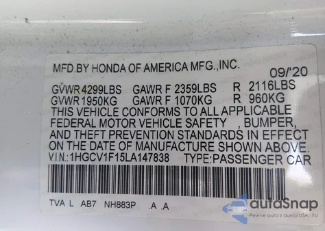 2020 Honda Accord Lx из США, поврежденный, VIN 1HGCV1F15LA147838